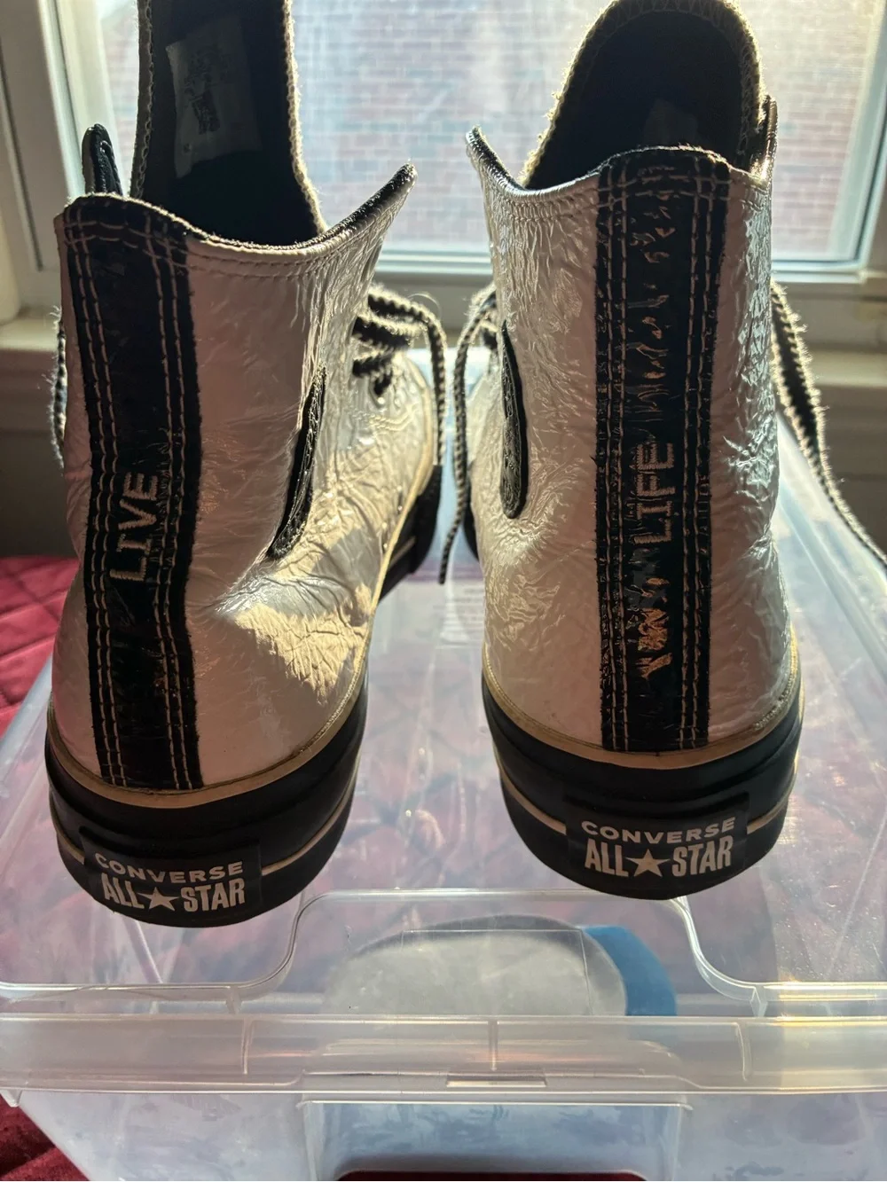 Custom Live/Life Converse Women's High-Top Sneakers with Black trim.